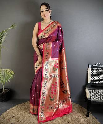 Women wine ikkat floral motifs lichi silk blend saree 1