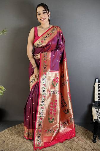 Women wine ikkat floral motifs lichi silk saree