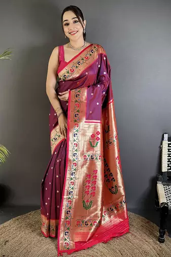 Women wine ikkat floral motifs lichi silk saree