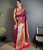 Women wine ikkat floral motifs lichi silk saree