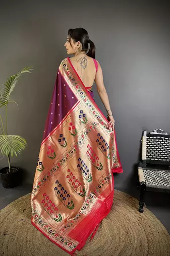 Women wine ikkat floral motifs lichi silk saree