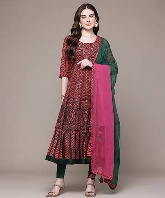 Maroon printed lycra anarkali set 1