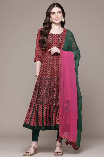 Maroon printed lycra anarkali set