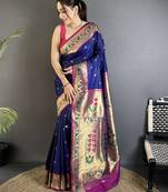 Women royal blue ikkat floral motifs lichi silk saree