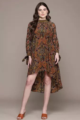 Brown printed crepe dress