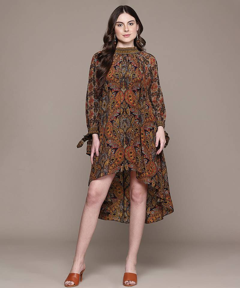 Brown printed crepe dress