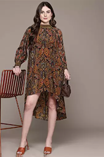 Brown printed crepe dress