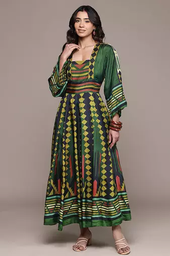 Green printed viscose gown