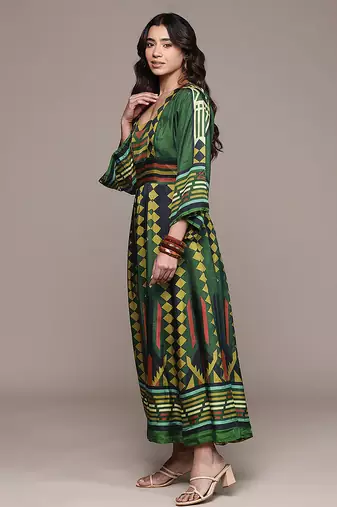 Green printed viscose gown