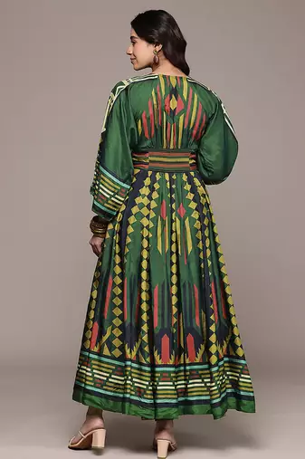 Green printed viscose gown