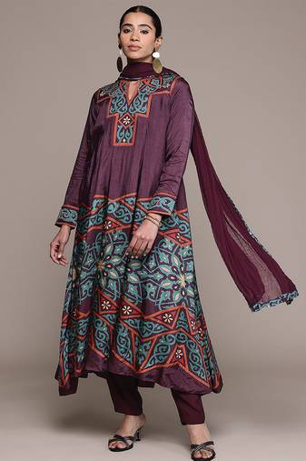 Wine printed viscose kurta set