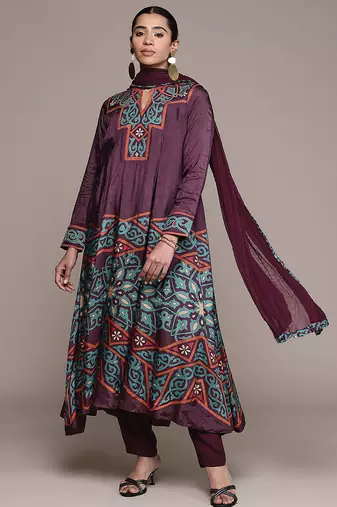 Wine printed viscose kurta set