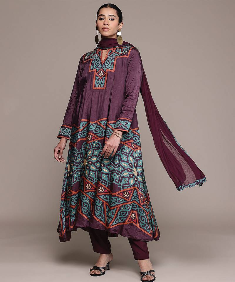 Wine printed viscose kurta set