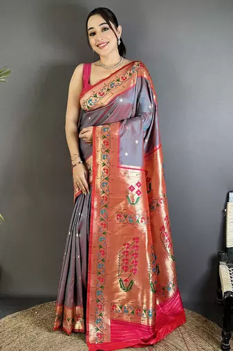 Women grey ikkat floral motifs lichi silk saree