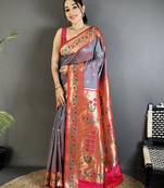 Women grey ikkat floral motifs lichi silk saree
