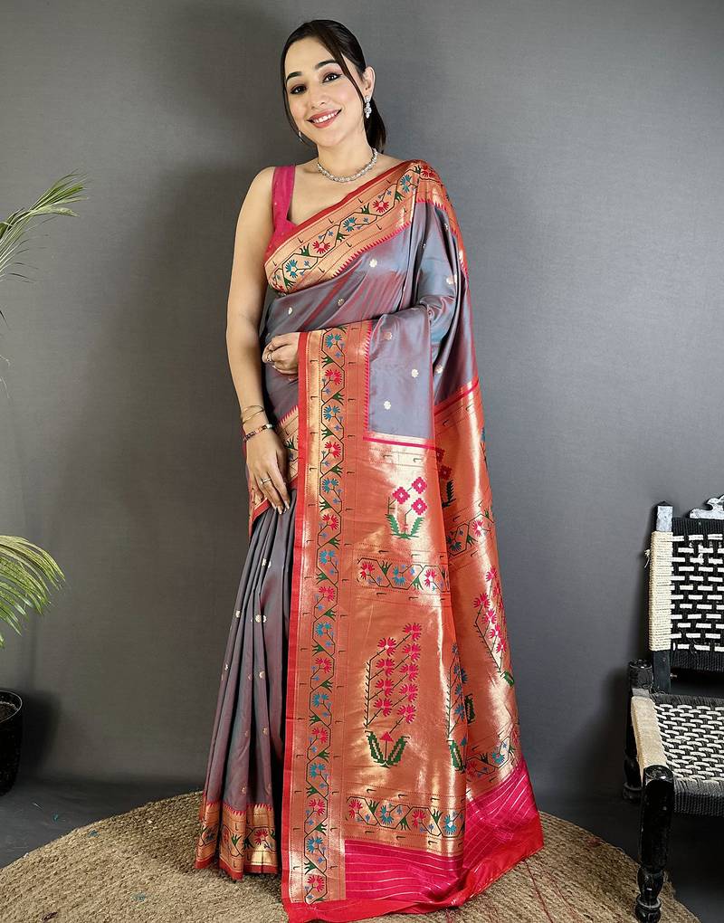 Women grey ikkat floral motifs lichi silk saree