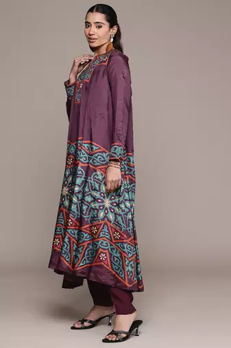 Wine printed viscose kurta set