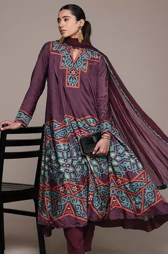 Wine printed viscose kurta set