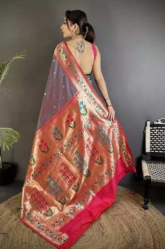 Women grey ikkat floral motifs lichi silk saree