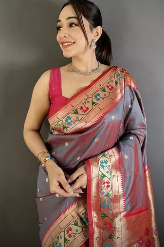 Women grey ikkat floral motifs lichi silk saree