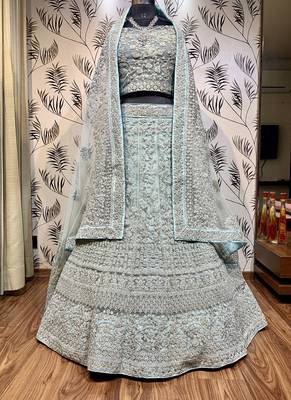 Soft Premium Net Wedding Wear Lehenga In Sky Blue Color With Embroidery Work & Pearl Work 1
