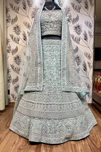 Soft Premium Net Wedding Wear Lehenga In Sky Blue Color With Embroidery Work & Pearl Work