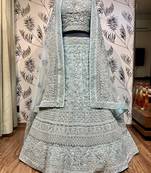 Soft Premium Net Wedding Wear Lehenga In Sky Blue Color With Embroidery Work & Pearl Work