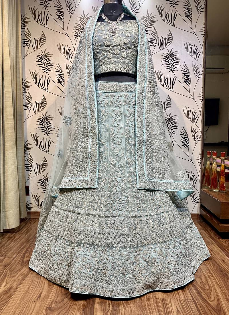 Soft Premium Net Wedding Wear Lehenga In Sky Blue Color With Embroidery Work & Pearl Work