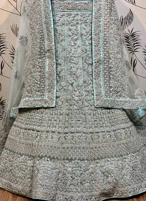 Soft Premium Net Wedding Wear Lehenga In Sky Blue Color With Embroidery Work & Pearl Work 2