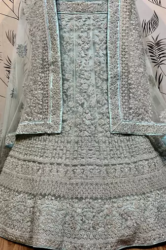 Soft Premium Net Wedding Wear Lehenga In Sky Blue Color With Embroidery Work & Pearl Work