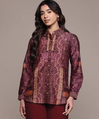 Wine printed chanderi shirt 1