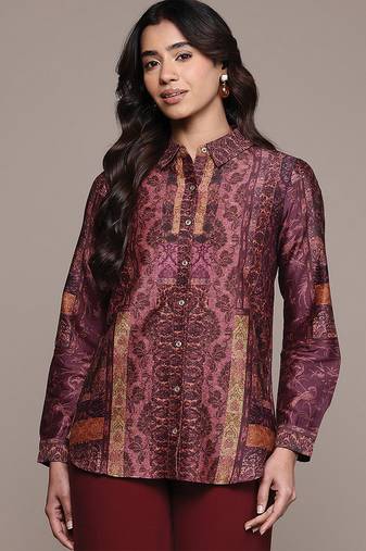 Wine printed chanderi shirt