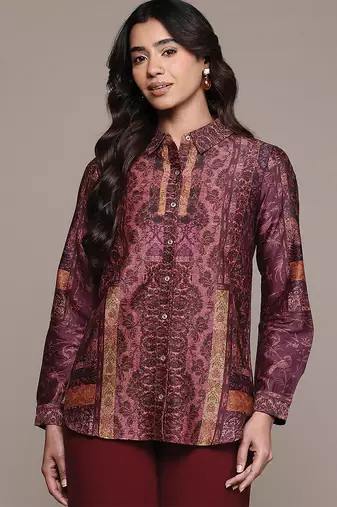 Wine printed chanderi shirt