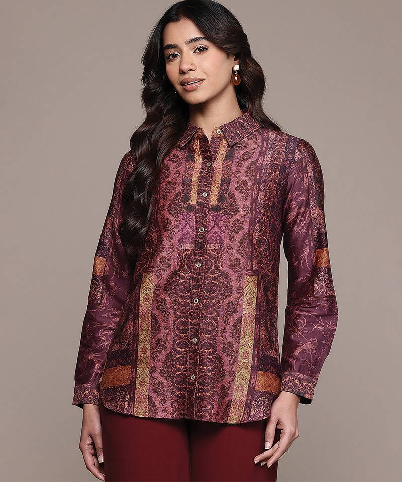 Wine printed chanderi shirt