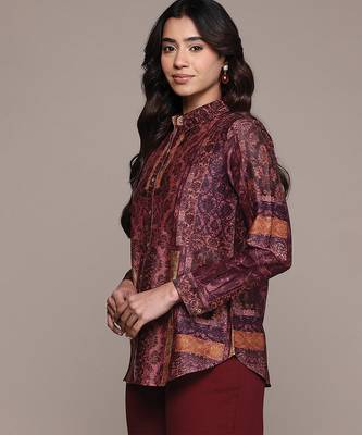 Wine printed chanderi shirt 2