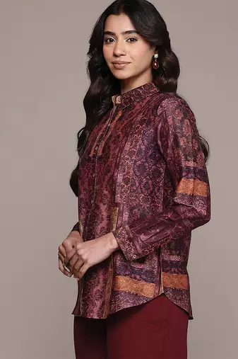Wine printed chanderi shirt
