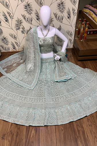Soft Premium Net Wedding Wear Lehenga In Sky Blue Color With Embroidery Work & Pearl Work