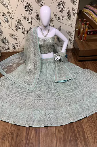 Soft Premium Net Wedding Wear Lehenga In Sky Blue Color With Embroidery Work & Pearl Work