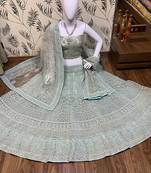 Soft Premium Net Wedding Wear Lehenga In Sky Blue Color With Embroidery Work & Pearl Work