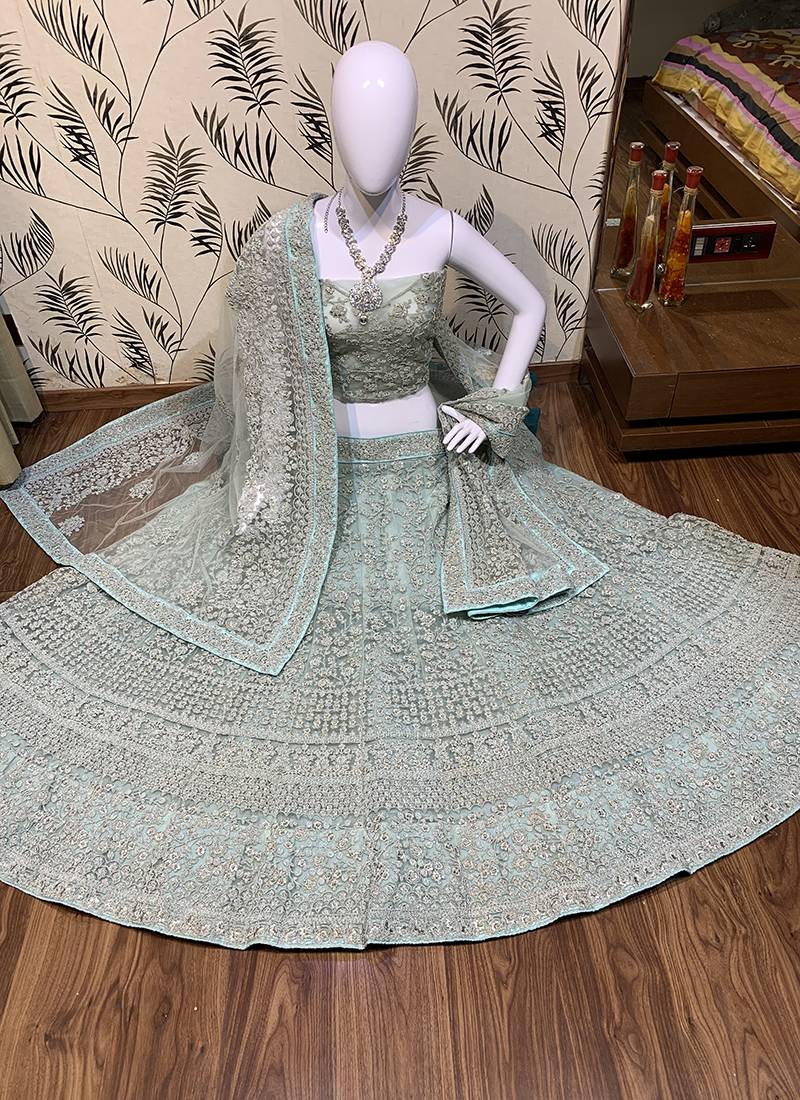 Soft Premium Net Wedding Wear Lehenga In Sky Blue Color With Embroidery Work & Pearl Work