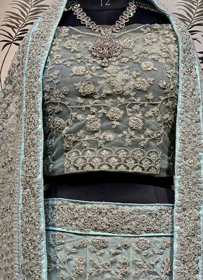 Soft Premium Net Wedding Wear Lehenga In Sky Blue Color With Embroidery Work & Pearl Work 3
