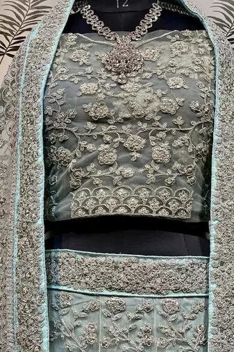 Soft Premium Net Wedding Wear Lehenga In Sky Blue Color With Embroidery Work & Pearl Work