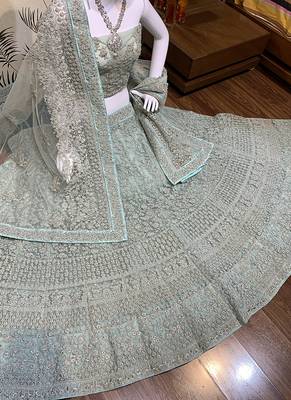 Soft Premium Net Wedding Wear Lehenga In Sky Blue Color With Embroidery Work & Pearl Work 2