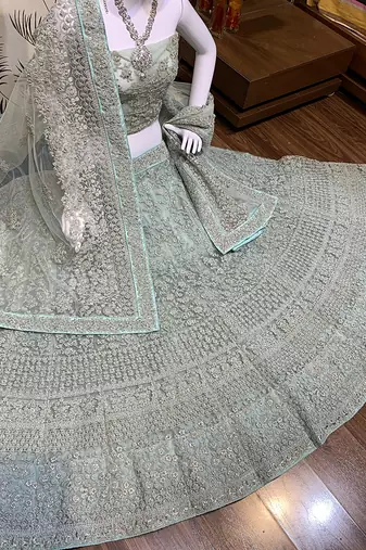 Soft Premium Net Wedding Wear Lehenga In Sky Blue Color With Embroidery Work & Pearl Work