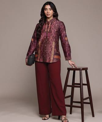 Wine printed chanderi shirt 4