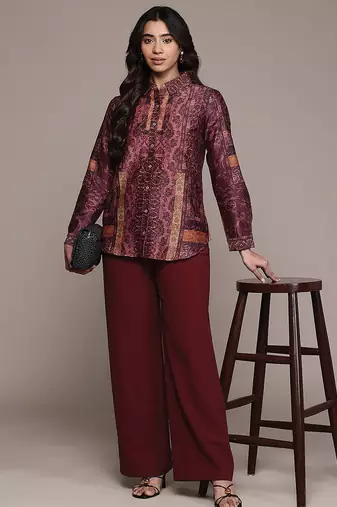 Wine printed chanderi shirt