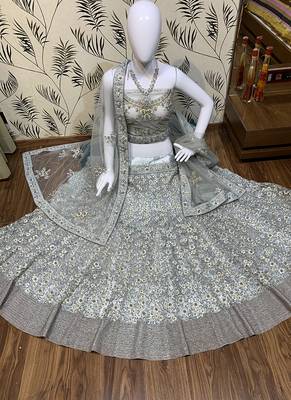 Soft Premium Net Wedding Lehenga In Grey With Embroidery & Pearl Work 1