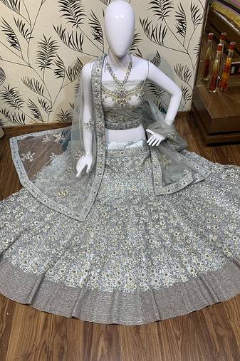 Soft Premium Net Wedding Lehenga In Grey With Embroidery & Pearl Work