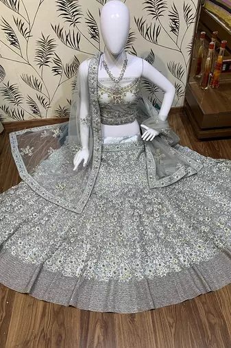 Soft Premium Net Wedding Lehenga In Grey With Embroidery & Pearl Work