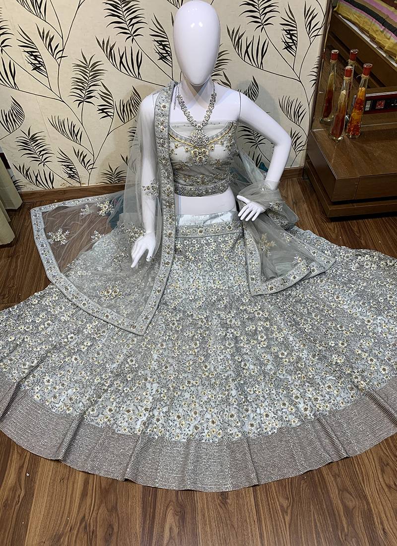 Soft Premium Net Wedding Lehenga In Grey With Embroidery & Pearl Work